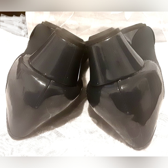 Abella patent & fabric Navy blue wedge peep toe Heels w/buckle accent - Picture 5 of 7